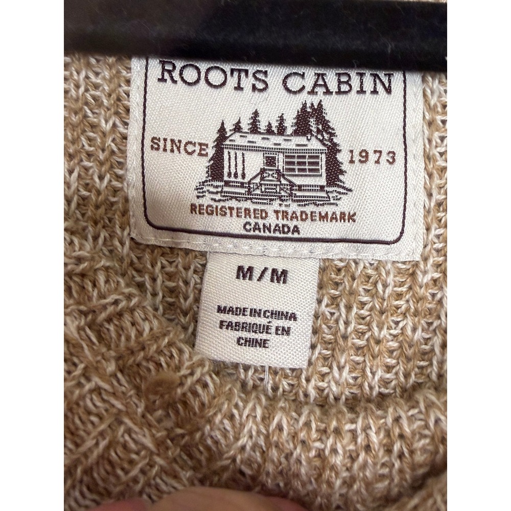 Roots Cabin Women Tan Marl Knit Raglan Crewneck Sweater Yellow Stripe Cuff M - Picture 3 of 5